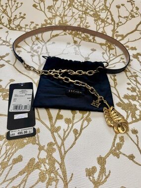 Escada Vintage Belt Black Leather Gold Chain Rare Feather Charm